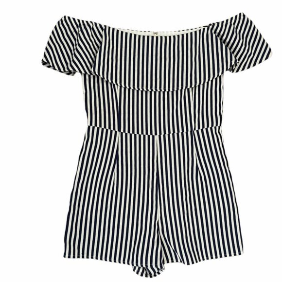 Aqua Striped Off the Shoulder Rompers XS - Picture 2 of 6